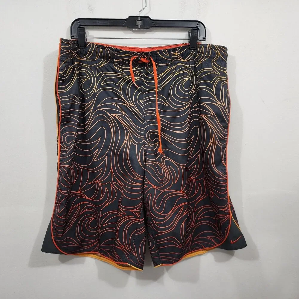 Vintage NIKE Board Shorts Swim Trunks Mens XL Black Orange Flame AOP Drawstring